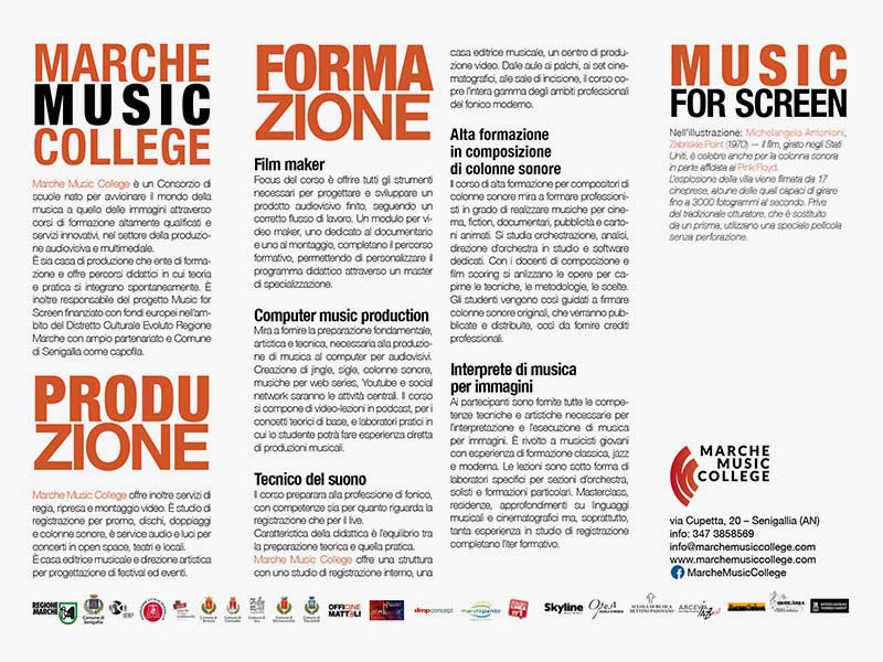 Interno della brochure con i corsi di cinema e di musica del Marche Music College di Senigallia