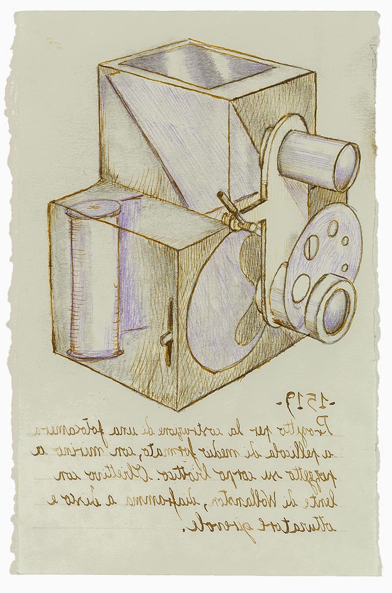 Bozzetto per una macchina fotografica biottica uscita da un passato improbabile. Illustrazione realizzata per il libro illustrato "Codex 1519" realizzato per il cinquecentenario della morte di Leonardo.